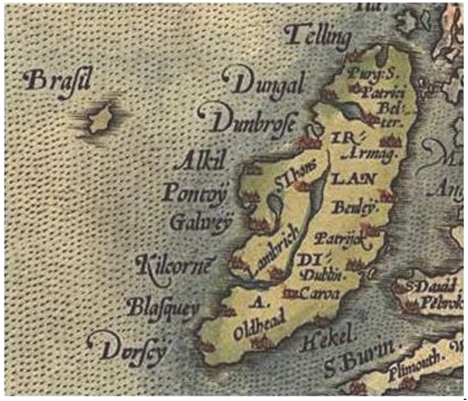 Ausschnitt einer Europakarte Abraham Ortelius’ mit Irland. Westlich ist die Brasilinsel eingezeichnet (1571). Urheberschaft: Abraham Ortelius [Public domain]