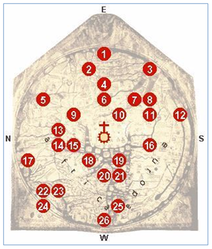 Hereford-Karte, File:Hereford Mappa Mundi 1300.jpg, bearbeitet. Urheberschaft: WolfgangW., CC BY-SA 3.0 (http://creativecommons.org