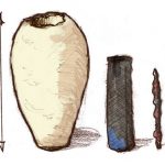 Zeichnung der Fundstücke: Tongefäß, Kupferzylinder und Eisenstäbchen.