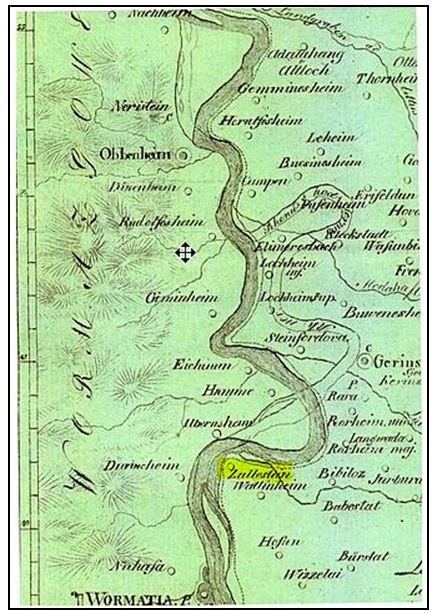Mittelalterl. Gaue mit altem und neuem Rheinlauf