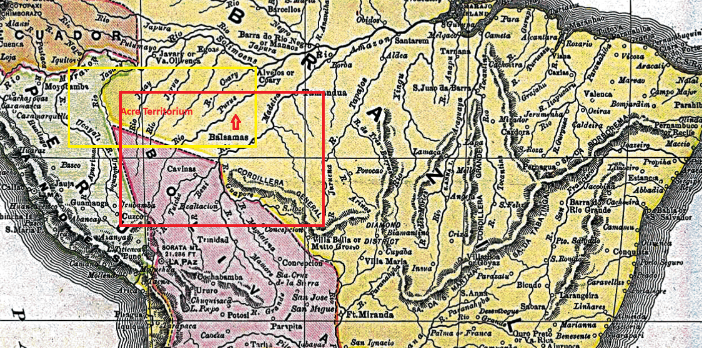 Ausschnitt der Karte von Brasilien während der Ersten Republik, 1892© See page for author, Public domain, via Wikimedia Commons Acre