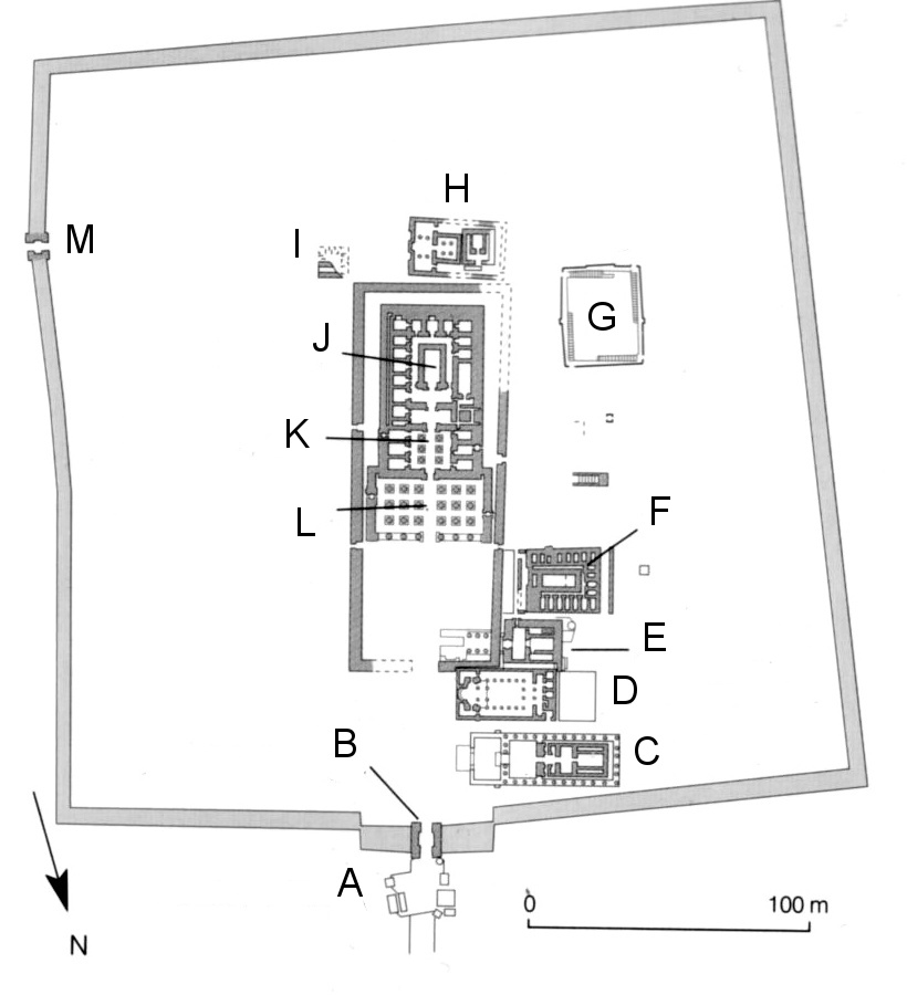 Plan mit Haupttempel und Nebenbauten © own work, Sinuhe20, Public domain, via Wikimedia Commons Denderakomplex