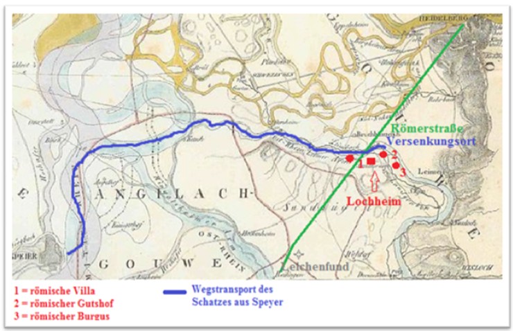 Historische Landkarte alter Flussläufe von Rhein und Neckar 
